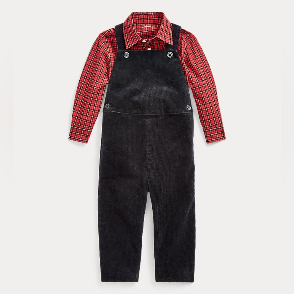 Ralph Lauren Black Corderoy Overalls with Red Plaid Shirt